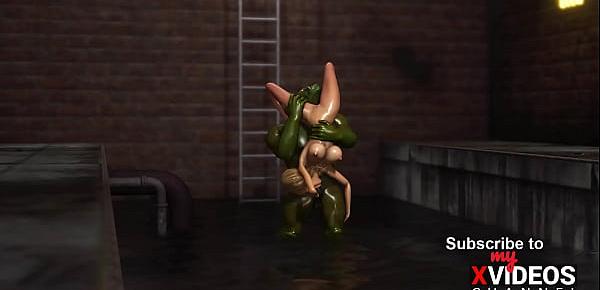  Crazy fuck in the sewer! Sexy blonde gets fucked hard by a green monster